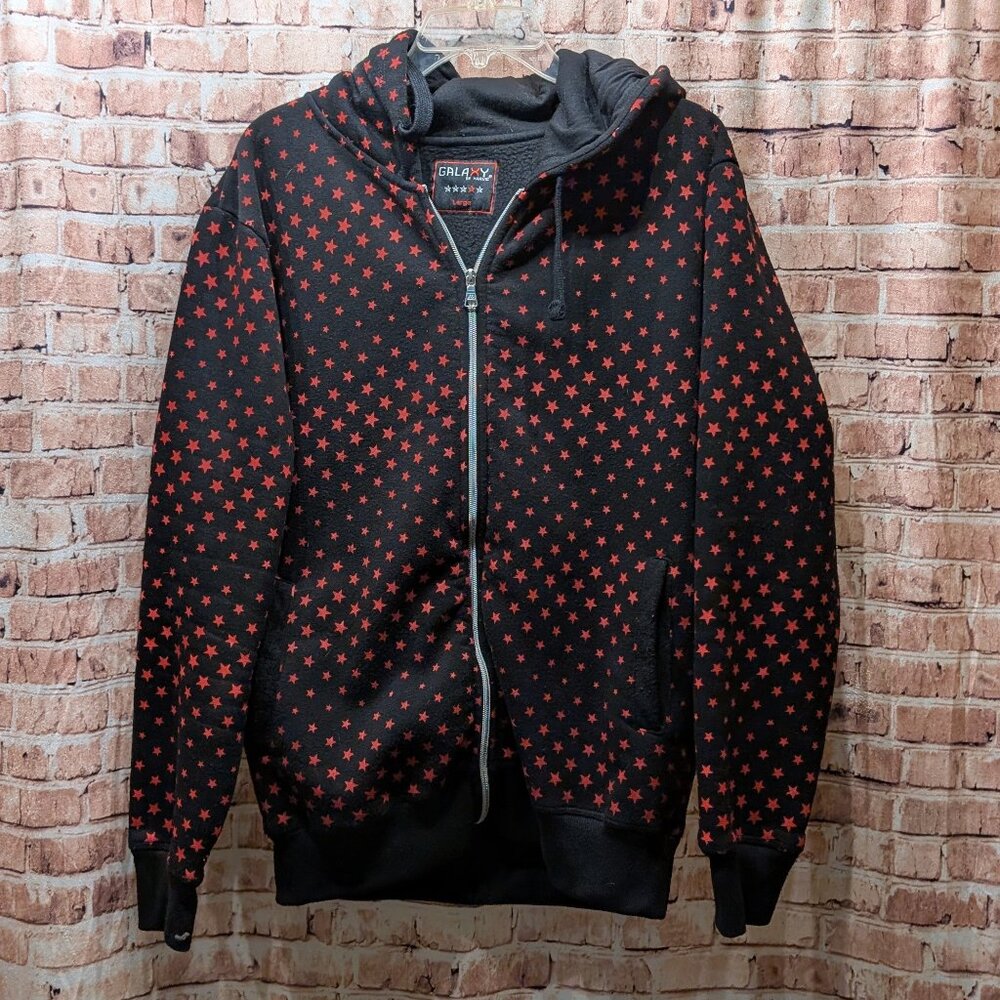 Galaxy By Harvic Hoodie Black w/ Red Star Pattern Zip Up Size Large